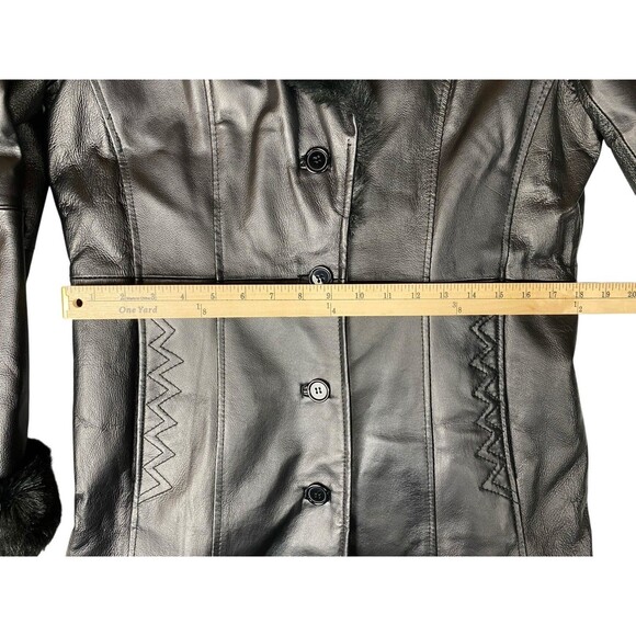 Women's Long Black Leather Trench Coat Faux Fur Trim Excelled Collection Size L - Picture 10 of 12